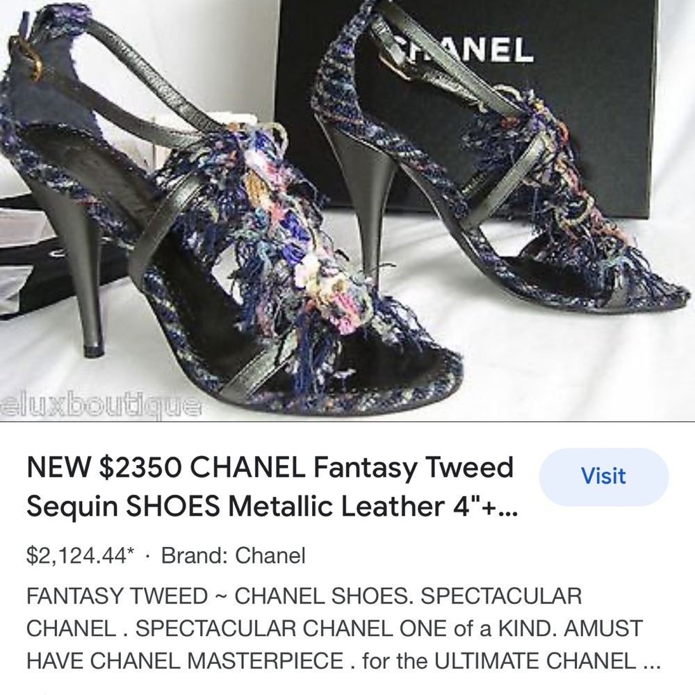 Chanel Rare Navy tweed and sequins Pewter leather Sandals Heels Size 7 US - Picture 16 of 16